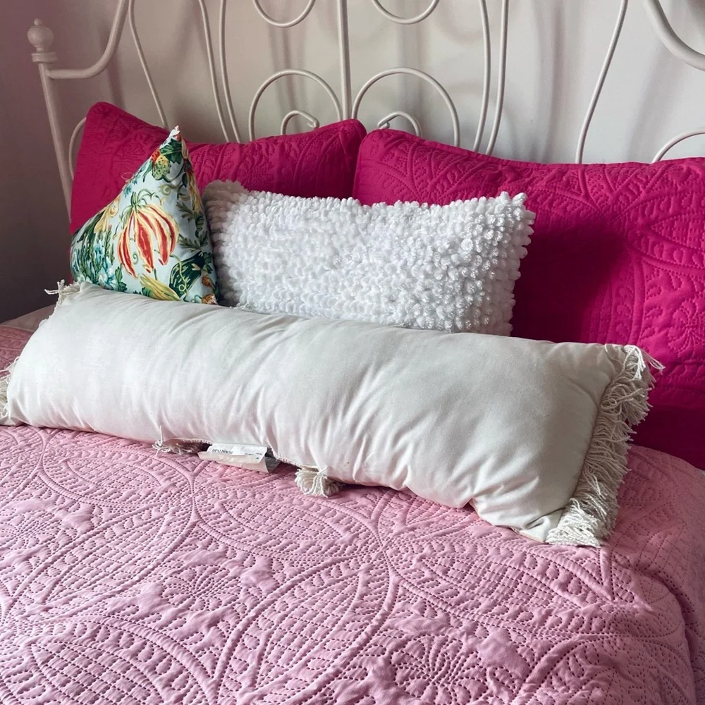 Opalhouse Boho Pink and white embroidered fringe Oversized Oblong Throw Pillow